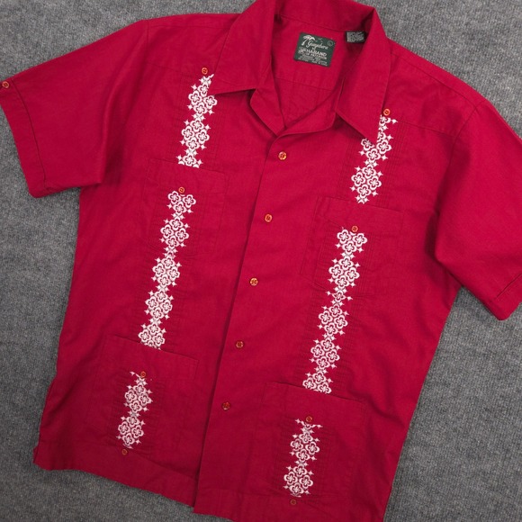 Vintage Guayabera by Haband Shirt Mens Large Burgundy Embroidered Short Sleeve - Picture 1 of 9